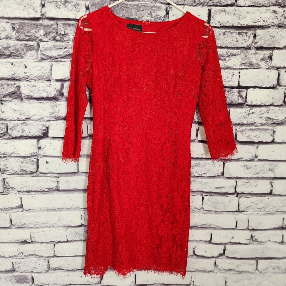 Red Lace Overlay Long Sleeved Dress - S - Picture 8 of 8